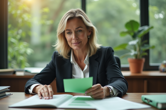 Femme d'affaires examinant des documents d'investissement vert