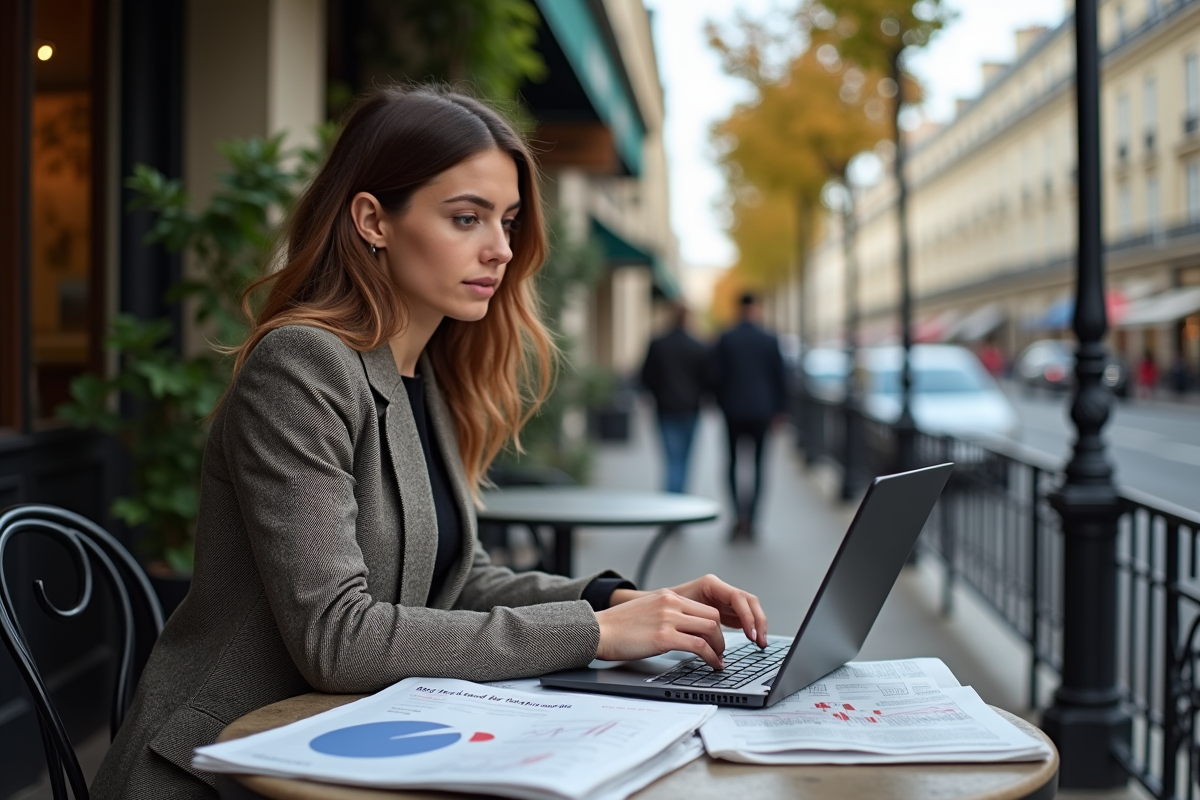 Jeune femme d affaires française travaillant dans un café parisien