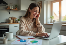 Jeune femme organise son budget avec un ordinateur dans la cuisine