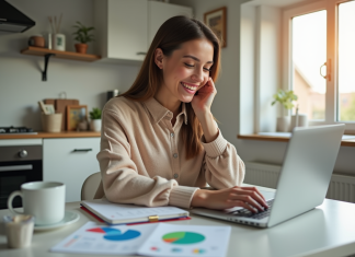 Gérer ses finances personnelles : astuces pratiques pour optimiser sa gestion financière Jeune femme organise son budget avec un ordinateur dans la cuisine