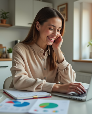 Jeune femme organise son budget avec un ordinateur dans la cuisine