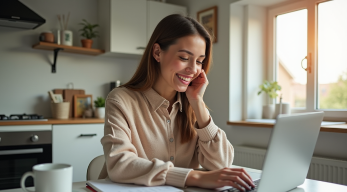 Jeune femme organise son budget avec un ordinateur dans la cuisine