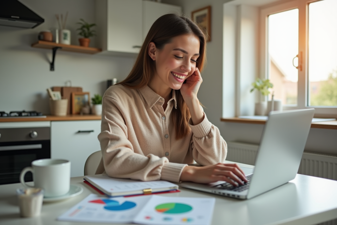 Jeune femme organise son budget avec un ordinateur dans la cuisine