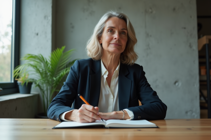 Femme d'affaires méditant dans un bureau moderne