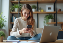 Jeune femme au bureau utilisant ordinateur et smartphone