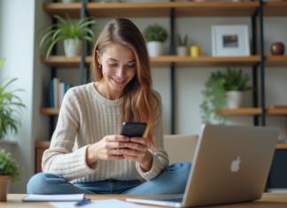 VPN ou antivirus : quel est le meilleur choix pour votre sécurité en ligne ? Jeune femme au bureau utilisant ordinateur et smartphone