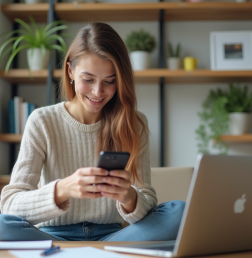 VPN ou antivirus : quel est le meilleur choix pour votre sécurité en ligne ? Jeune femme au bureau utilisant ordinateur et smartphone