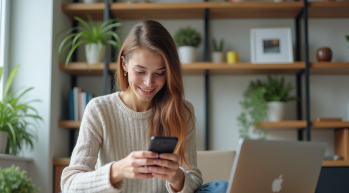 Jeune femme au bureau utilisant ordinateur et smartphone
