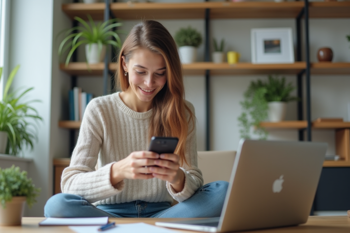 femme-bureau-ordinateur-smartphone Jeune femme au bureau utilisant ordinateur et smartphone