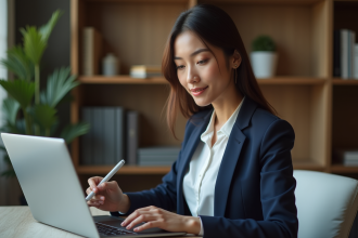 Jeune femme en bureau utilisant une tablette Windows