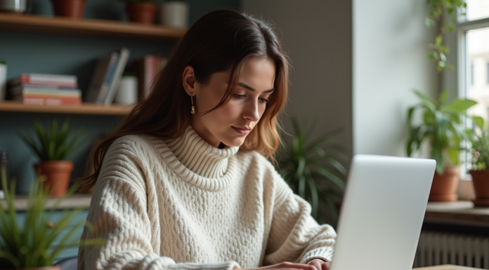Femme travaillant sur son ordinateur dans un appartement parisien