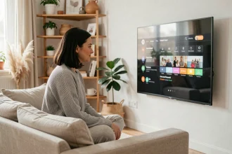 Femme regardant les chaînes gratuites Freebox Pop sur un grand écran de télévision dans un salon moderne et cosy