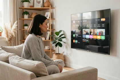 Femme regardant les chaînes gratuites Freebox Pop sur un grand écran de télévision dans un salon moderne et cosy
