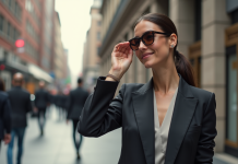 Devenir une diva de la mode : conseils et astuces pour briller en société ! Femme confiante en tailleur chic ajustant ses lunettes en ville