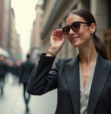 Devenir une diva de la mode : conseils et astuces pour briller en société ! Femme confiante en tailleur chic ajustant ses lunettes en ville