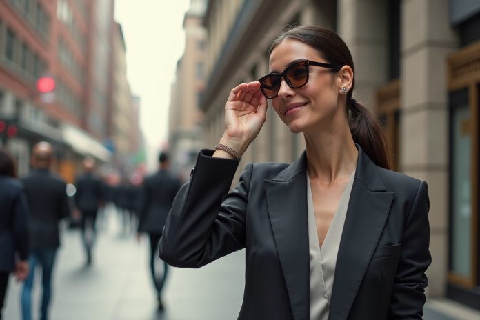 femme-confiance-suit-urbaine Femme confiante en tailleur chic ajustant ses lunettes en ville