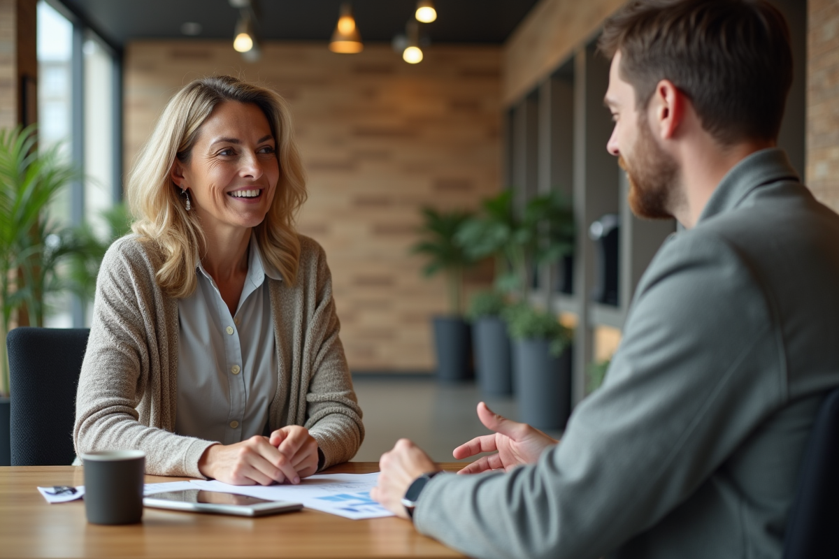 Femme rencontrant un conseiller bancaire dans une agence moderne