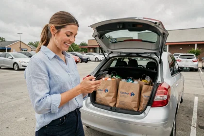 Femme souriante récupérant ses courses Carrefour Drive dans le coffre de sa voiture grâce à un code promo