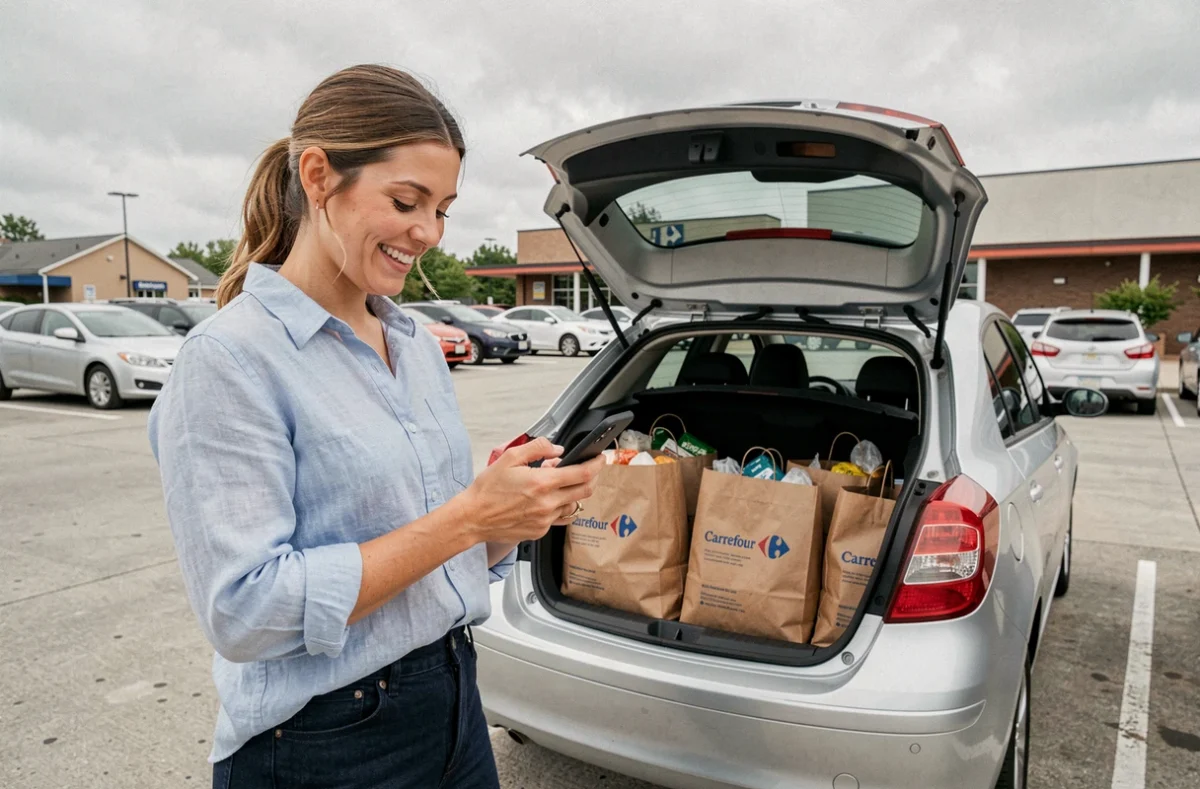 Femme souriante récupérant ses courses Carrefour Drive dans le coffre de sa voiture grâce à un code promo