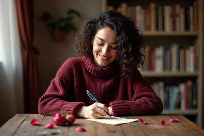 Femme écrivant un petit mot pour la Saint-Valentin sur une carte manuscrite à son bureau en bois rustique