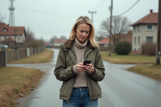 Femme française vérifiant son smartphone dans une rue tranquille