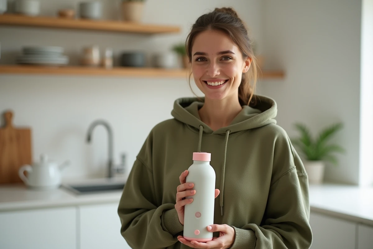 Jeune femme tenant une gourde Air Up colorée dans une cuisine moderne minimaliste
