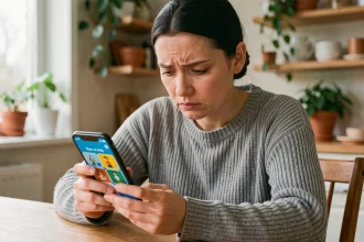 Femme concentrée jouant à un jeu de devinettes 4 images 1 mot sur son smartphone à la maison