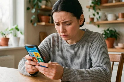 Femme concentrée jouant à un jeu de devinettes 4 images 1 mot sur son smartphone à la maison