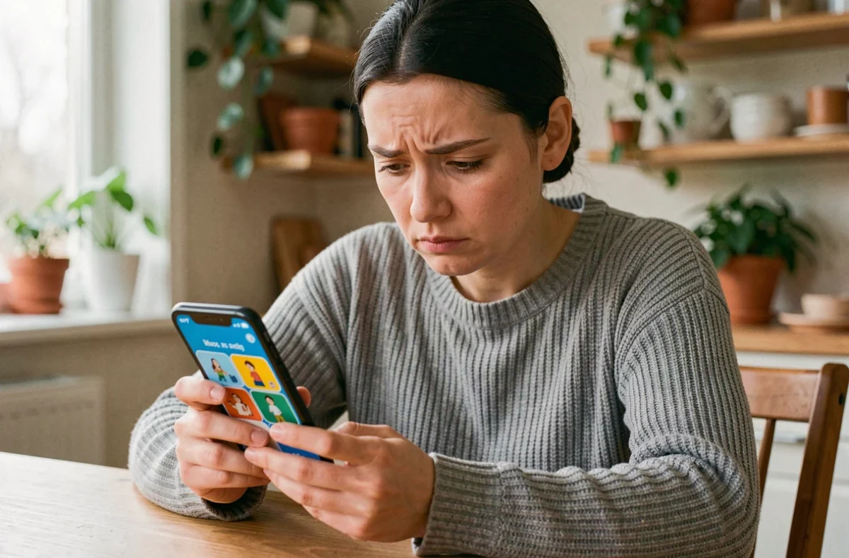 Femme concentrée jouant à un jeu de devinettes 4 images 1 mot sur son smartphone à la maison