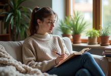 Jeune femme en sweater écrit dans un journal cozy