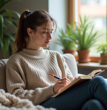 Santé mentale : découvrir les 3 principaux thèmes pour mieux comprendre Jeune femme en sweater écrit dans un journal cozy