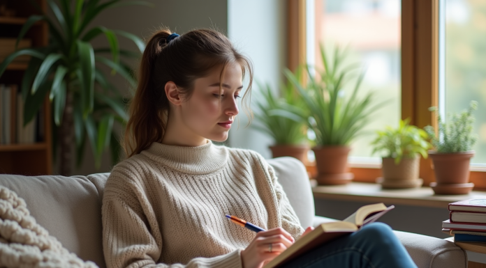 Jeune femme en sweater écrit dans un journal cozy