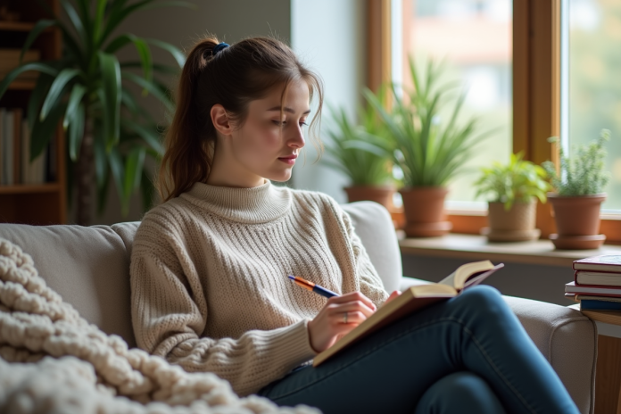 Jeune femme en sweater écrit dans un journal cozy