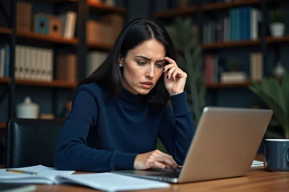 Femme inquiète lisant la politique de confidentialité d'un site web sur son ordinateur portable dans un bureau à domicile