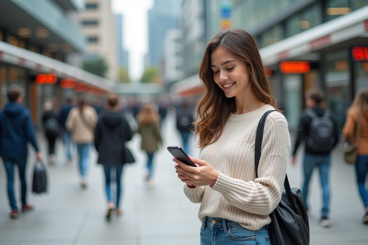Jeune femme lisant sur smartphone dans une place urbaine
