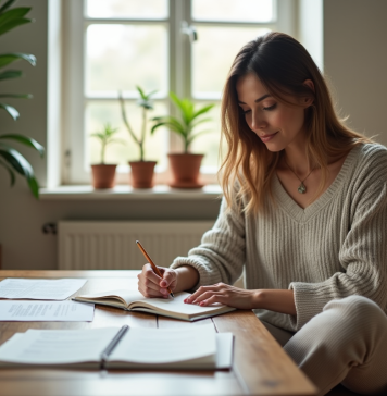 Travailler sans wifi à domicile : quels moyens et astuces efficaces pour rester productif ? Femme lisant et écrivant dans un espace cosy lumineux