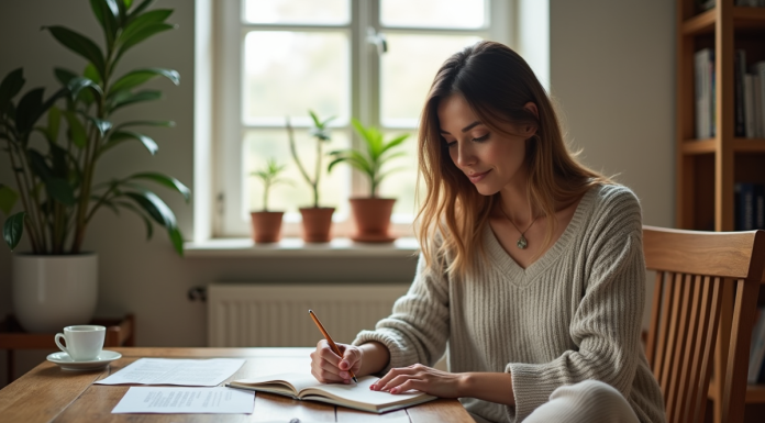 Femme lisant et écrivant dans un espace cosy lumineux