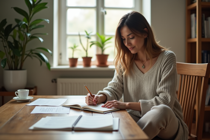 Femme lisant et écrivant dans un espace cosy lumineux