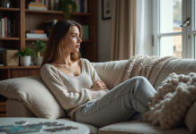Femme en détente regardant par la fenêtre dans un salon moderne
