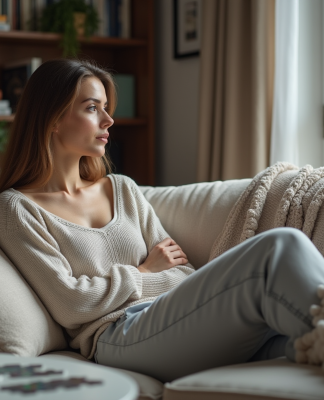 Femme en détente regardant par la fenêtre dans un salon moderne