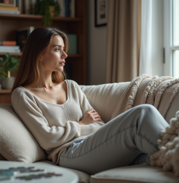 Ennui à la maison : causes et solutions pour retrouver motivation Femme en détente regardant par la fenêtre dans un salon moderne