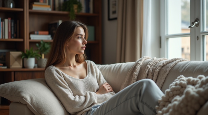 Femme en détente regardant par la fenêtre dans un salon moderne
