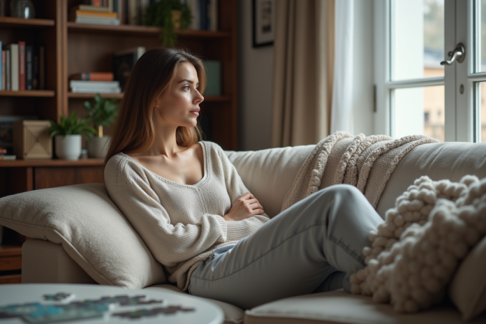 Femme en détente regardant par la fenêtre dans un salon moderne