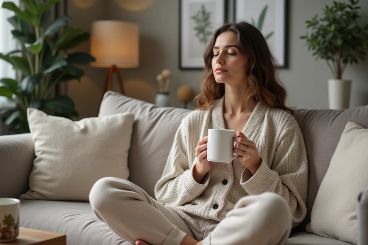 Femme détendue en loungewear tenant une tasse de thé