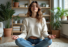 Respiration au quotidien : Techniques efficaces pour une meilleure santé Femme assise en méditation dans un salon cosy
