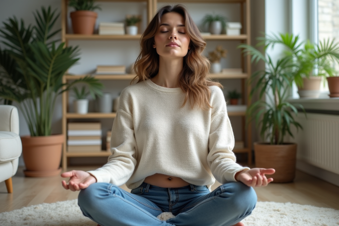 Femme assise en méditation dans un salon cosy