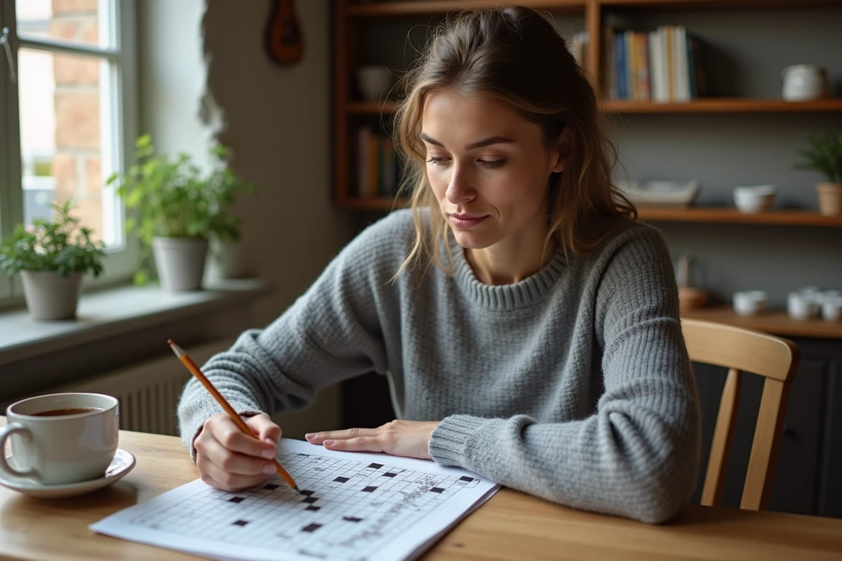 Femme concentrée résolvant des mots fléchés avec un crayon dans un appartement cosy