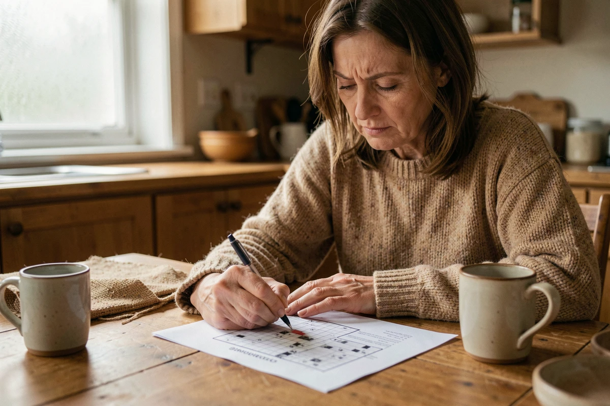 Femme remplissant des mots fléchés à la table de cuisine avec un stylo