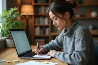 Femme prenant des notes d'adresses sur un carnet devant son ordinateur portable dans un bureau à domicile