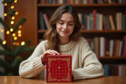 Jeune femme ouvrant une case d'un calendrier de l'avent hugo new romance dans un intérieur cosy avec des livres en arrière-plan